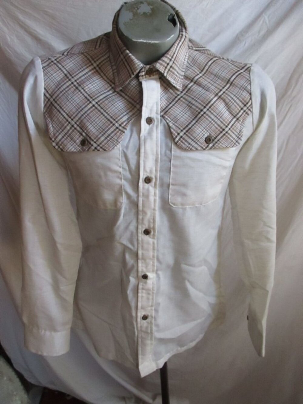 Boho Western Shirt Small Vintage Men's 70's Plaid Top Disco Cowboy H.I.S. button